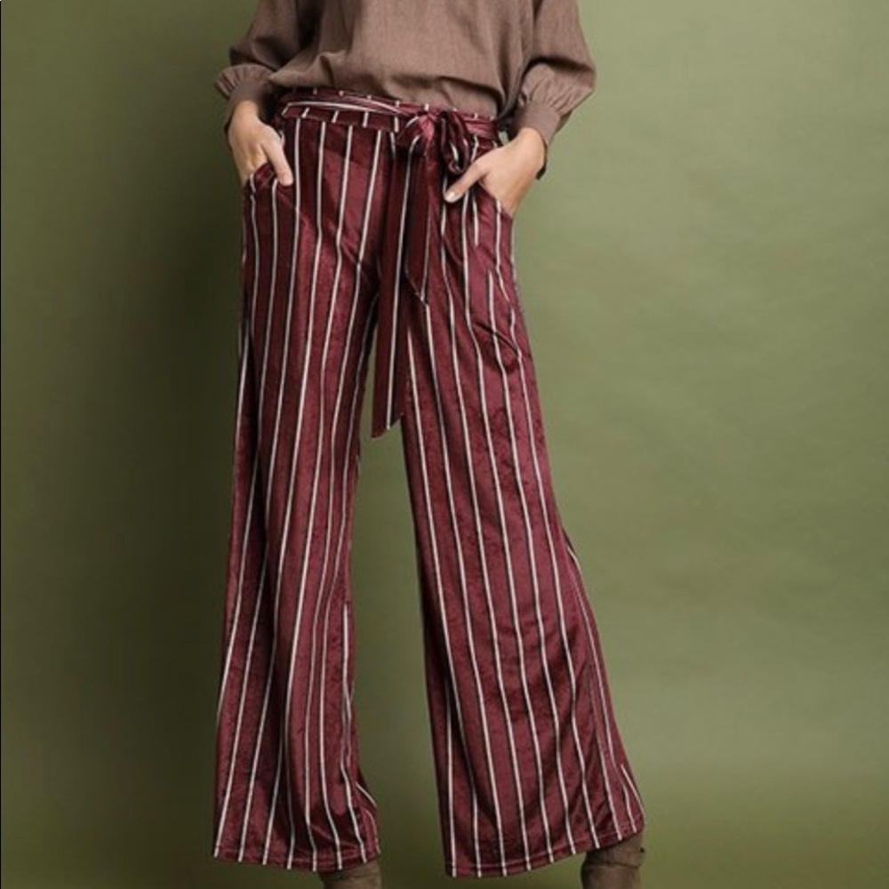 Striped velvet high waisted pants.